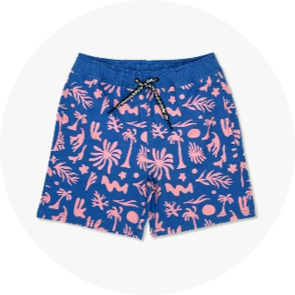 Blue swim trunks with a pink tropical pattern featuring leaves, palm trees, and marine life, equipped with a black and white drawstring. Ideal for swimming and beach activities.
