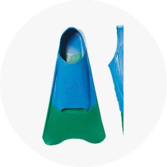 Blue and green swim fins designed for competitive and recreational swimming. The fins feature a comfortable foot pocket and a flexible blade for enhanced propulsion in the water.